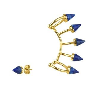 Noir Cuff Earrings Spike Stud Blue Stone Spikes Pierced NWT‎ Gold Plated